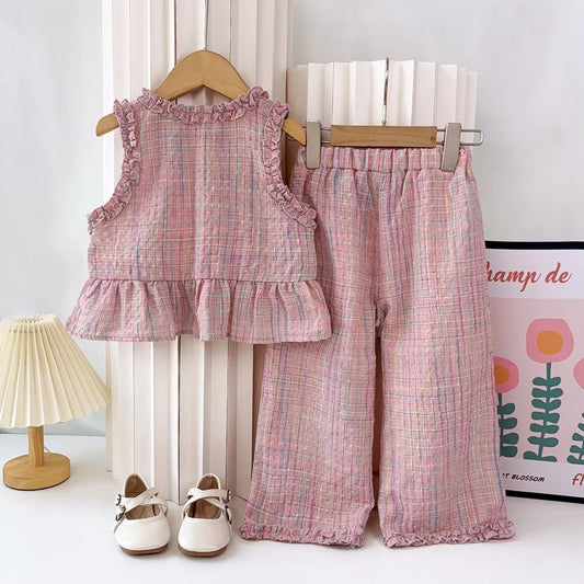 Pink Plaid Girls Two-Piece Outfit, Sleeveless Ruffle Button-Front Peplum Top and Elastic Waist Wide Leg Pants for Summer, Sizes 2T-7T