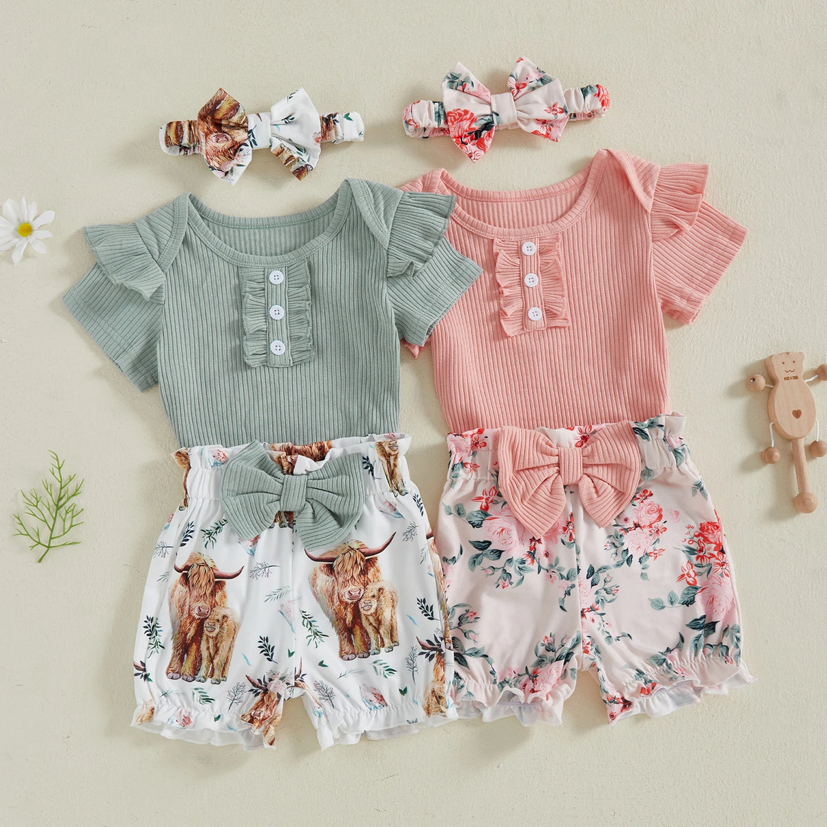 Baby Girl Summer Outfit Set, 3-Piece Ribbed Short Sleeve Romper with Floral or Cow Print Bow Shorts and Matching Headband, 0-18 Months