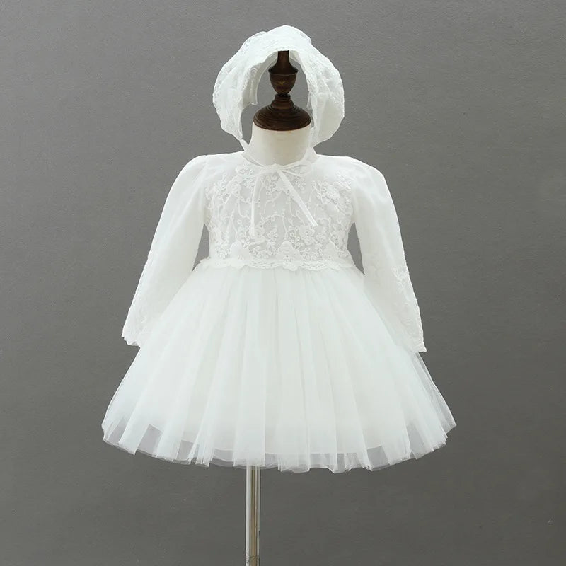 Baby Baptism Gown for Girls with Long Sleeves, Lace Details and Cotton Lining, Dress and Cap Set for Christening and First Birthday Photos