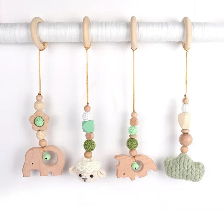 Beech Wood Baby Gym Toy Set, 4 Hanging Animal Pendants with Yarn Details and 5.8 cm Rings for Supervised Looking and Reaching, Frame Not Included