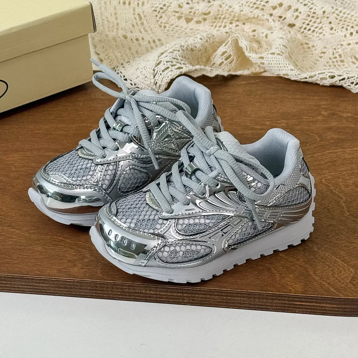 Kids Mesh Sneakers with Metallic Orbit Styling, Lace-Up Casual Walking Shoes in Pink or Silver with Rubber Soles for Everyday Outfits
