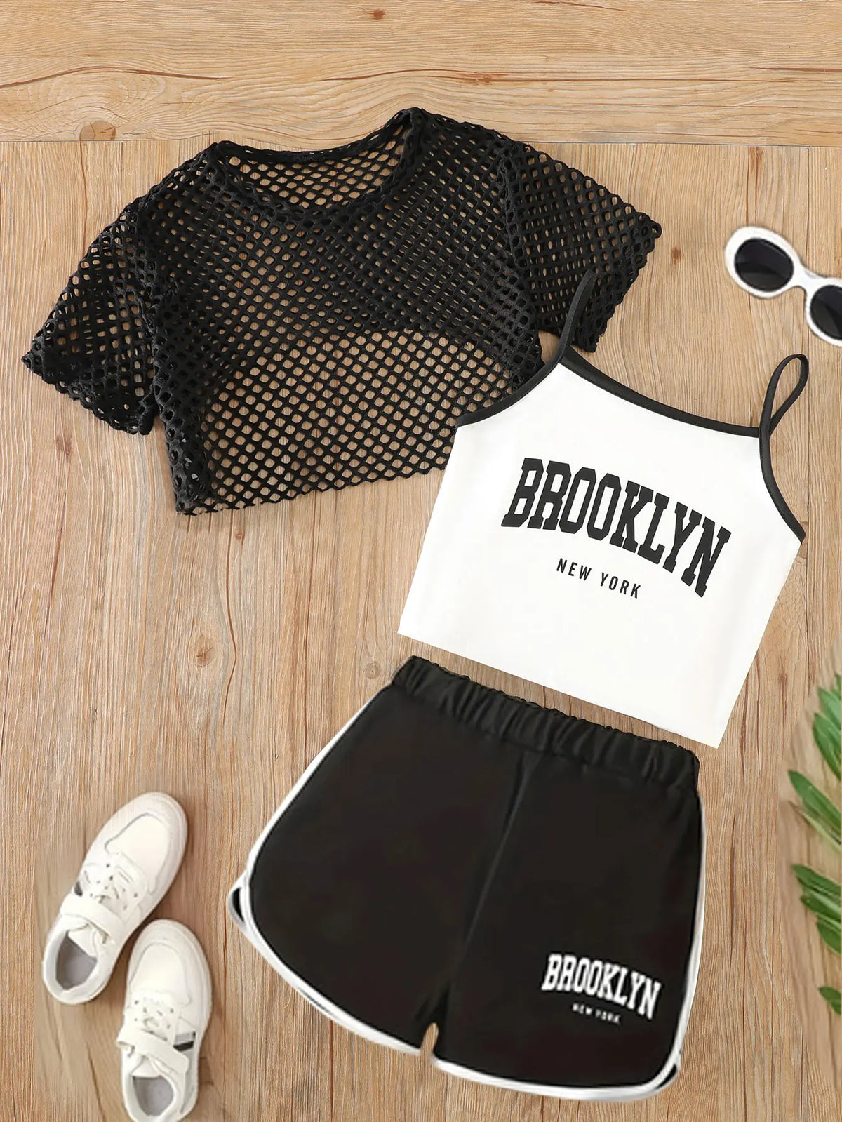 Girls Mesh Top and Shorts Outfit with Brooklyn Print Cami, Three-Piece Summer Set with Short Sleeves and Elastic Waist for Ages 8-12
