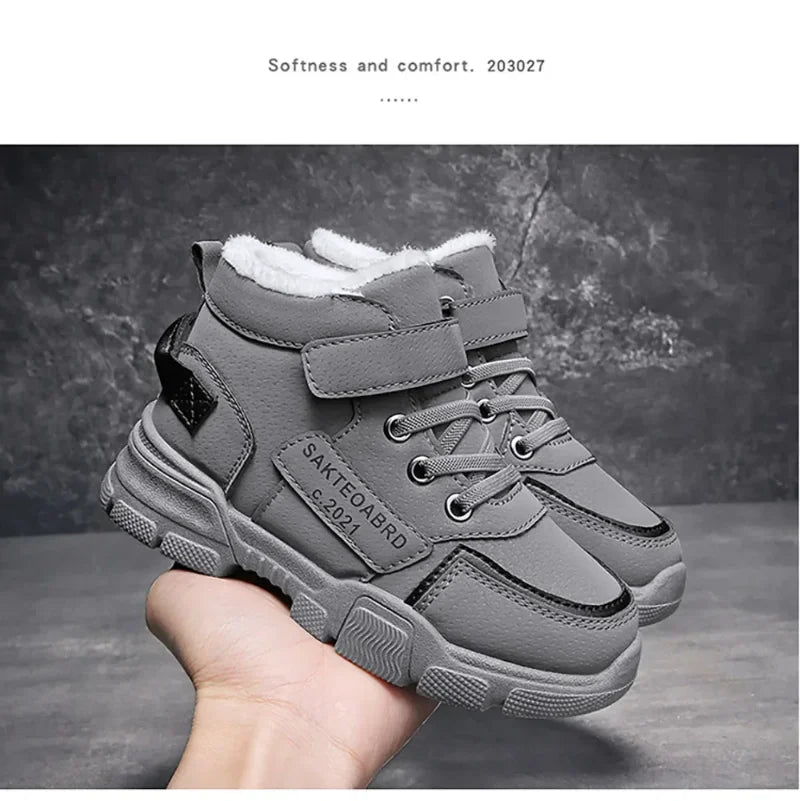 Kids Plush-Lined Winter Boots with Hook-and-Loop Ankle Strap and Lace-Up Front, Gray or Khaki High-Top Casual Shoes with Chunky Sole in Sizes 26–37