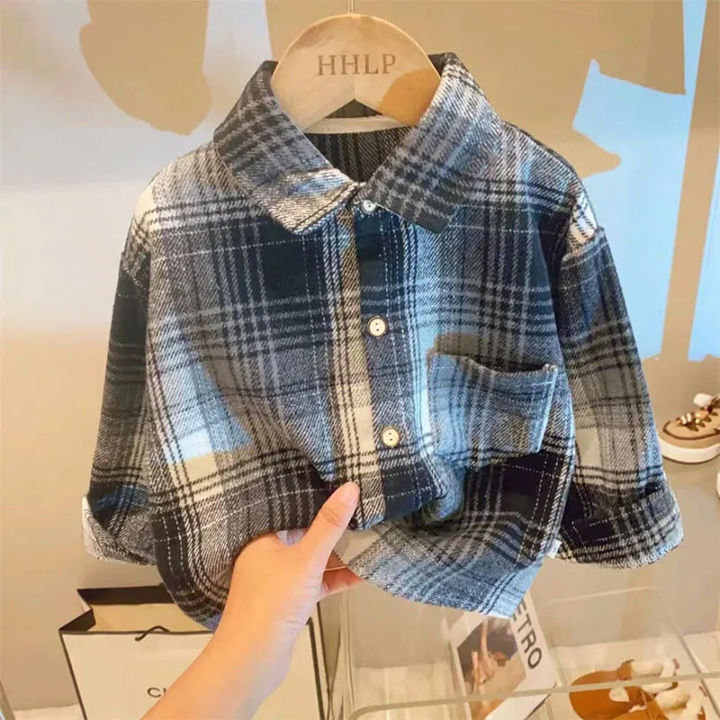 Plaid Kids Long Sleeve Button-Down Shirt with Classic Collar, Retro Casual Layering Top for Boys and Girls, Size Labels 90-150 cm