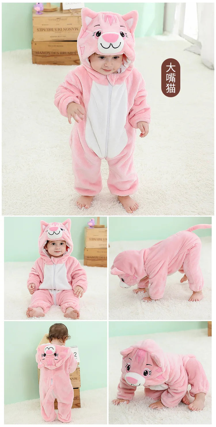 Animal Kigurumi Costume for Babies and Toddlers, Hooded Flannel Jumpsuit with Long Sleeves for Halloween Dress-Up and Family Photos