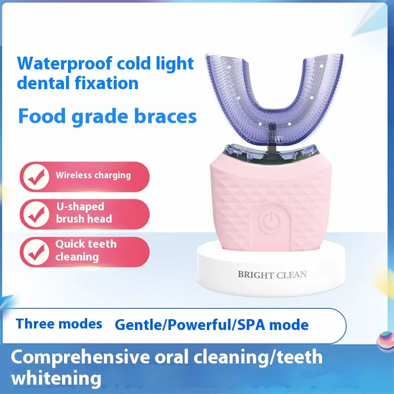 Adult U-Shaped Electric Toothbrush with Four Brushing Modes, Blue-Light Feature and Wireless Charging Design for Daily Oral Care
