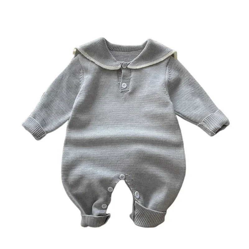 Sailor Collar Baby Knit Romper with Long Sleeves and Button Fastenings, Footless One-Piece Outfit in Gray, Stripe or Dark Blue, Sizes 66-100