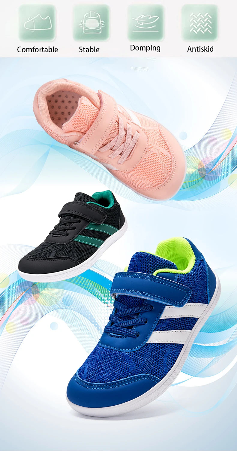 Kids Wide-Toe Mesh Sneakers with Adjustable Hook-and-Loop Strap, Contrast Side Stripes and Low-Top Casual Style in Pink, Black or Blue