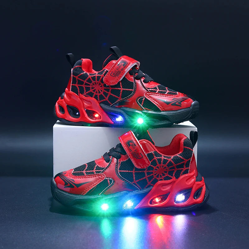 Motion-Activated Light-Up Sneakers for Kids, MGO Breathable Mesh Shoes with Spider-Web Pattern and LED Soles in Red, Blue or Black