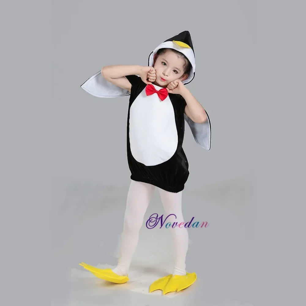 Kids Penguin Costume with Hooded Black-and-White Outfit, Wing-Style Sleeves and Red Bow Detail for Halloween, Birthdays and Animal Dress-Up