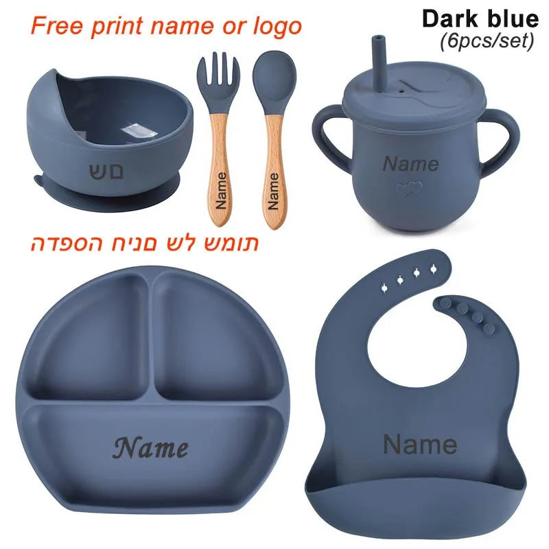 Personalized Baby Feeding Set with Silicone Suction Plate, Bowl, Spoon and Fork, 4-Piece or 6-Piece Tableware Options for Supervised Mealtimes
