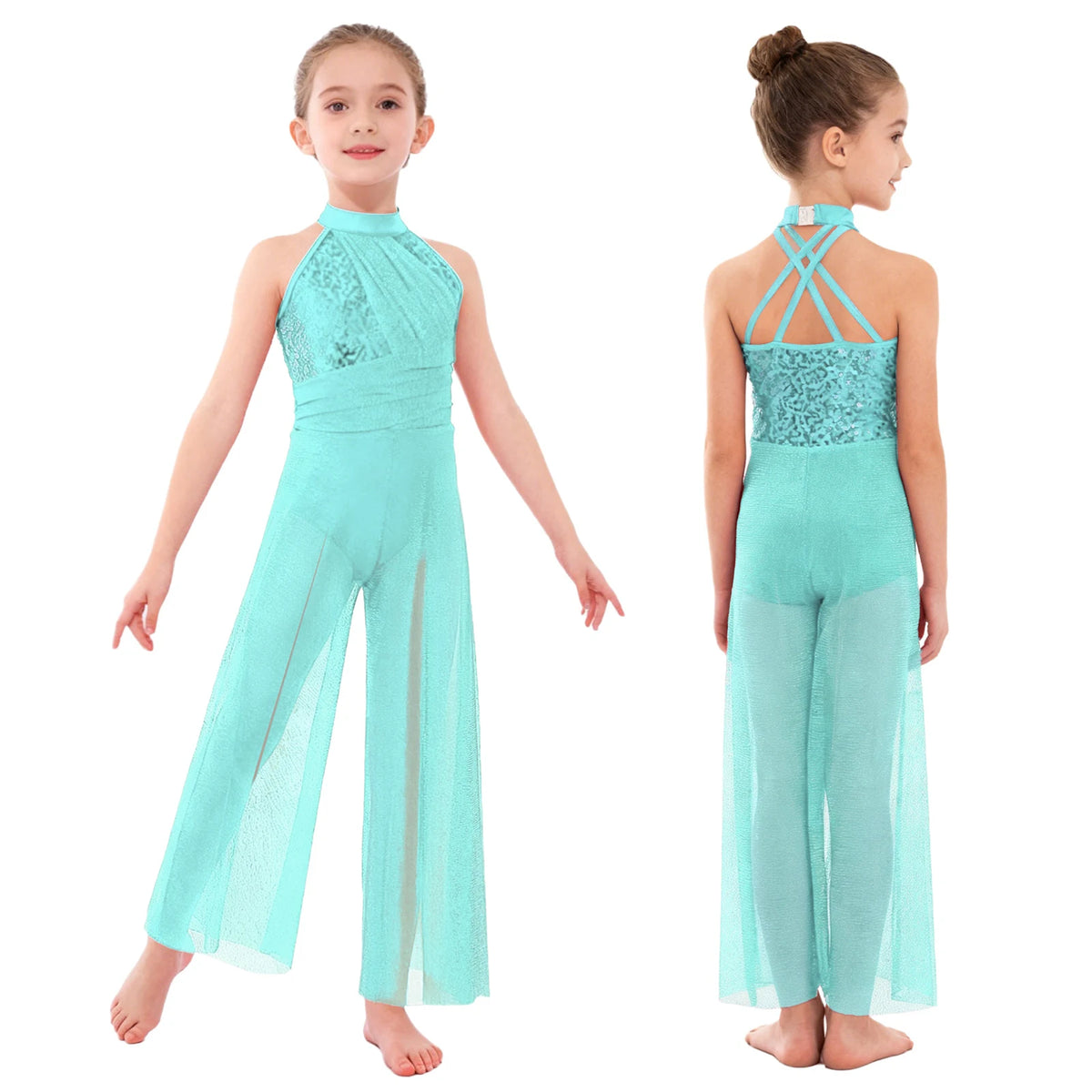 Girls Sequin Dance Jumpsuit with Split Wide-Leg Mesh, Sleeveless Mock Neck and Crisscross Back for Lyrical Recitals and Stage Performances
