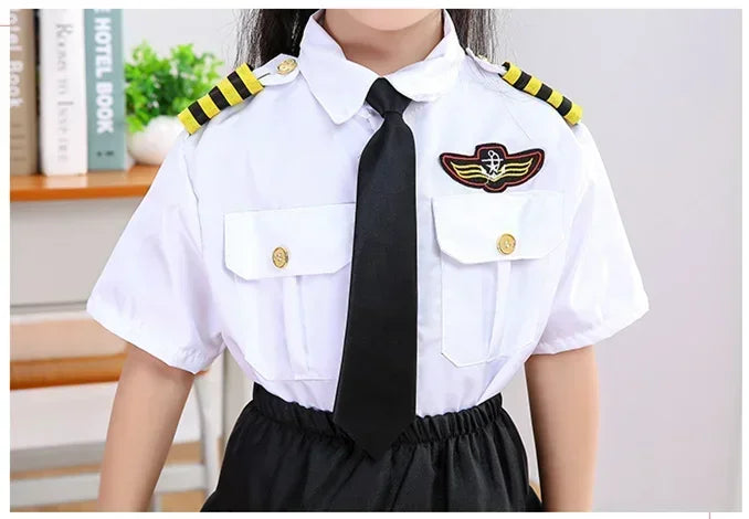 Kids Pilot Costume for Boys and Girls, Airline Captain Uniform-Style Outfit with Short Sleeve Shirt Styling for Career Day and Halloween