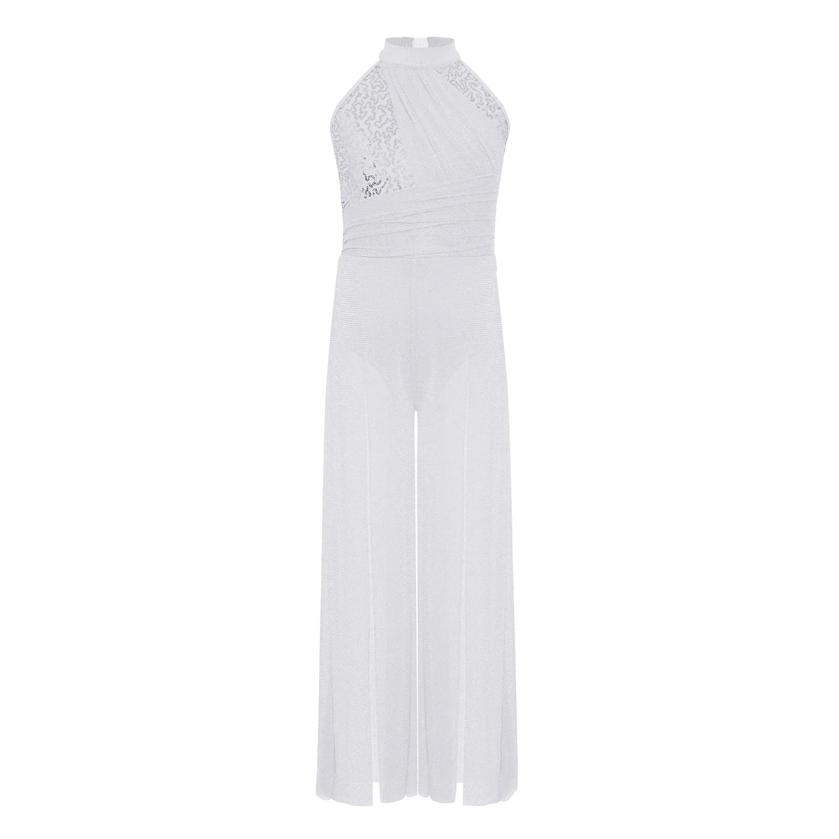 Girls Sequin Dance Jumpsuit with Split Wide-Leg Mesh, Sleeveless Mock Neck and Crisscross Back for Lyrical Recitals and Stage Performances