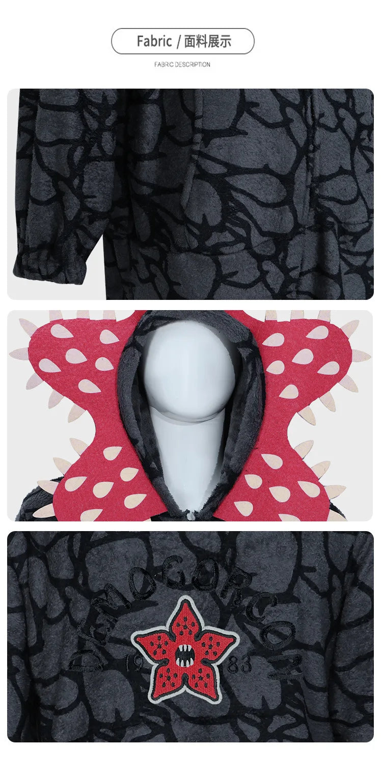 Demogorgon Costume for Kids and Adults, Black Flannel Monster Hooded Jumpsuit with Flower Face Design for Halloween Parties and Cosplay