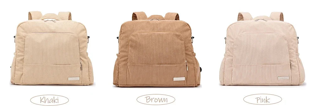 Corduroy Diaper Backpack by Soboba, Large Capacity Baby Changing Bag with Interior Pockets, Front Zip Storage and Side Pockets for Daily Outings