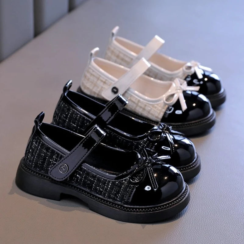 Girls Patchwork Mary Jane Shoes with Bow Detail, Glossy Round Toe and Textured Panels in Black or Beige for Spring Fall Dressy Outfits