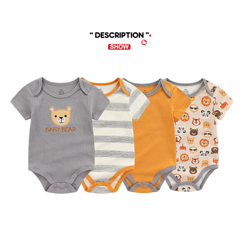 Baby Bodysuit 4-Pack by Kiddiezoom, 100% Cotton Short Sleeve Infant Basics with Envelope Shoulders and Mixed Prints for Boys and Girls, 3M-12M