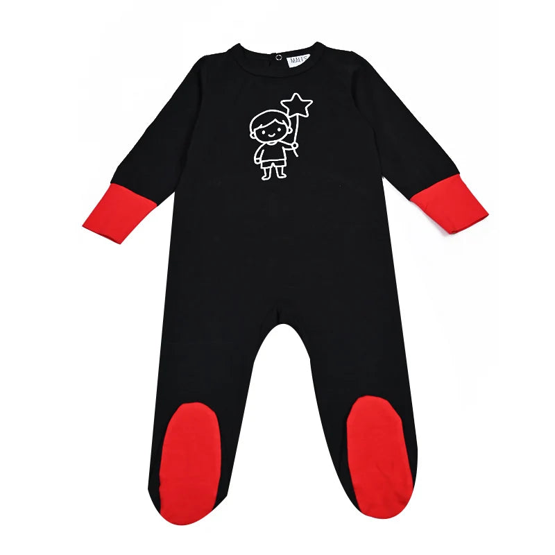 Kids Matching Pajamas with Red Cuffs and White Character Graphics, Black Sibling Outfit Styles with Two-Piece Sets, Nightgown and Footie Options