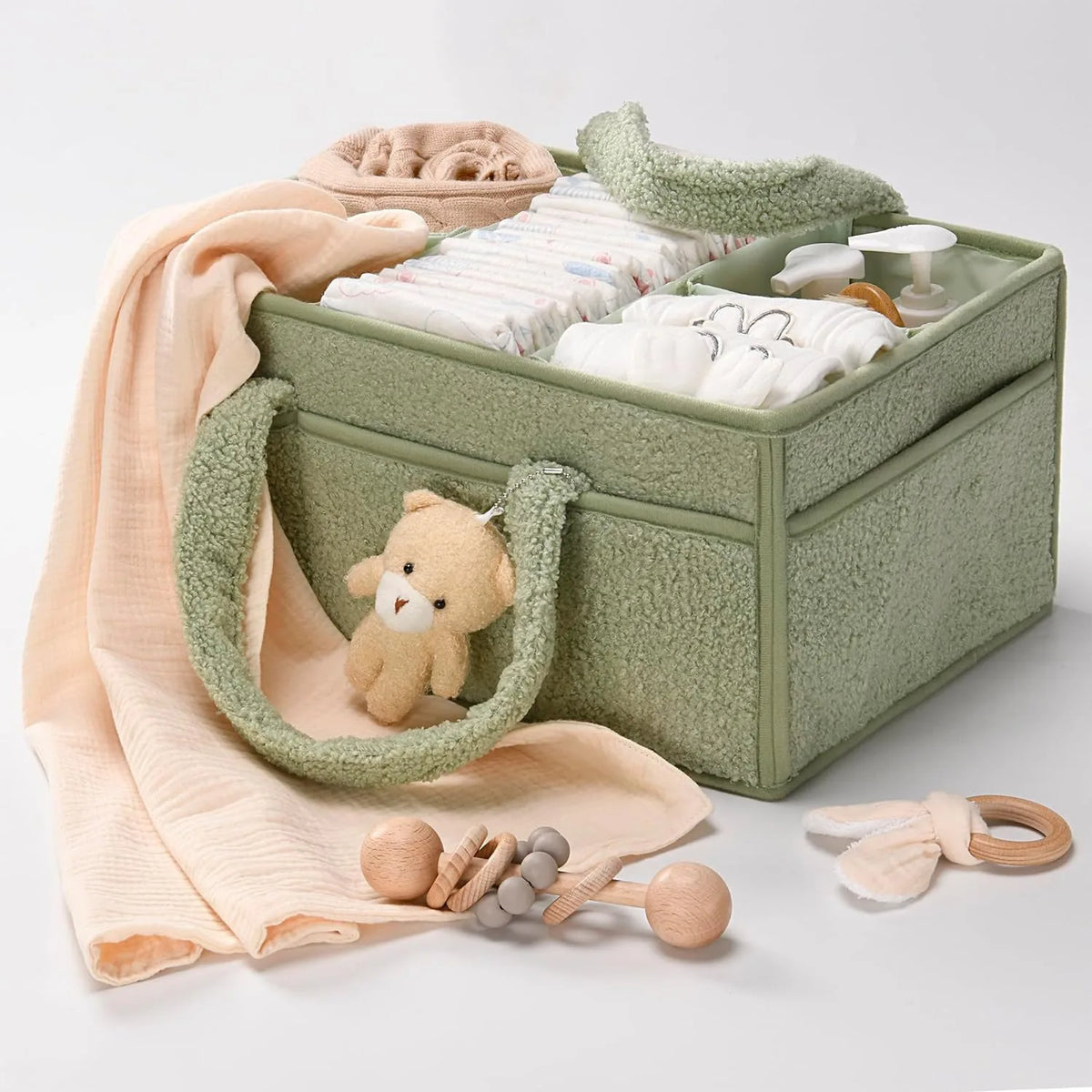 Plush Diaper Caddy with Carry Handles, Divided Compartments and Outer Pockets, Teddy Bear Nursery Organizer for Diapers and Baby Essentials