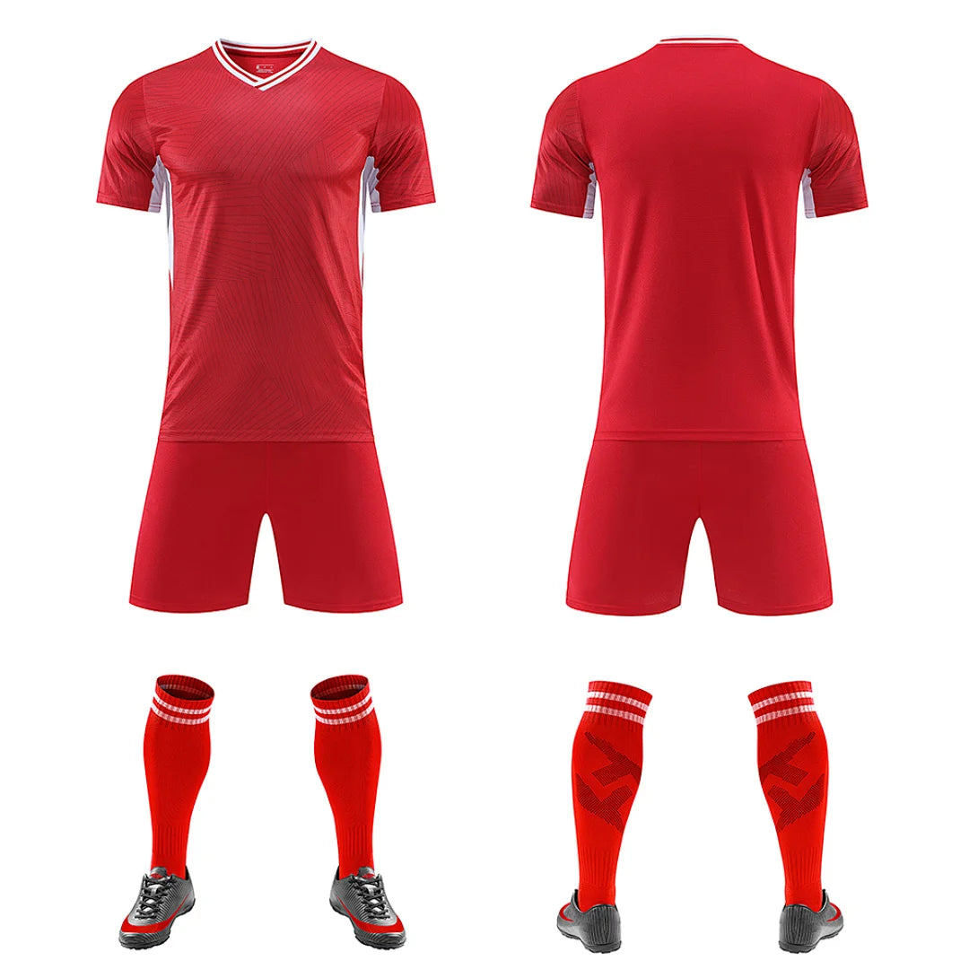 Kids Soccer Training Outfit with Short Sleeve V-Neck Jersey and Shorts, Contrast Trim Sports Clothing Set for Boys and Girls, Youth and Adult Sizes