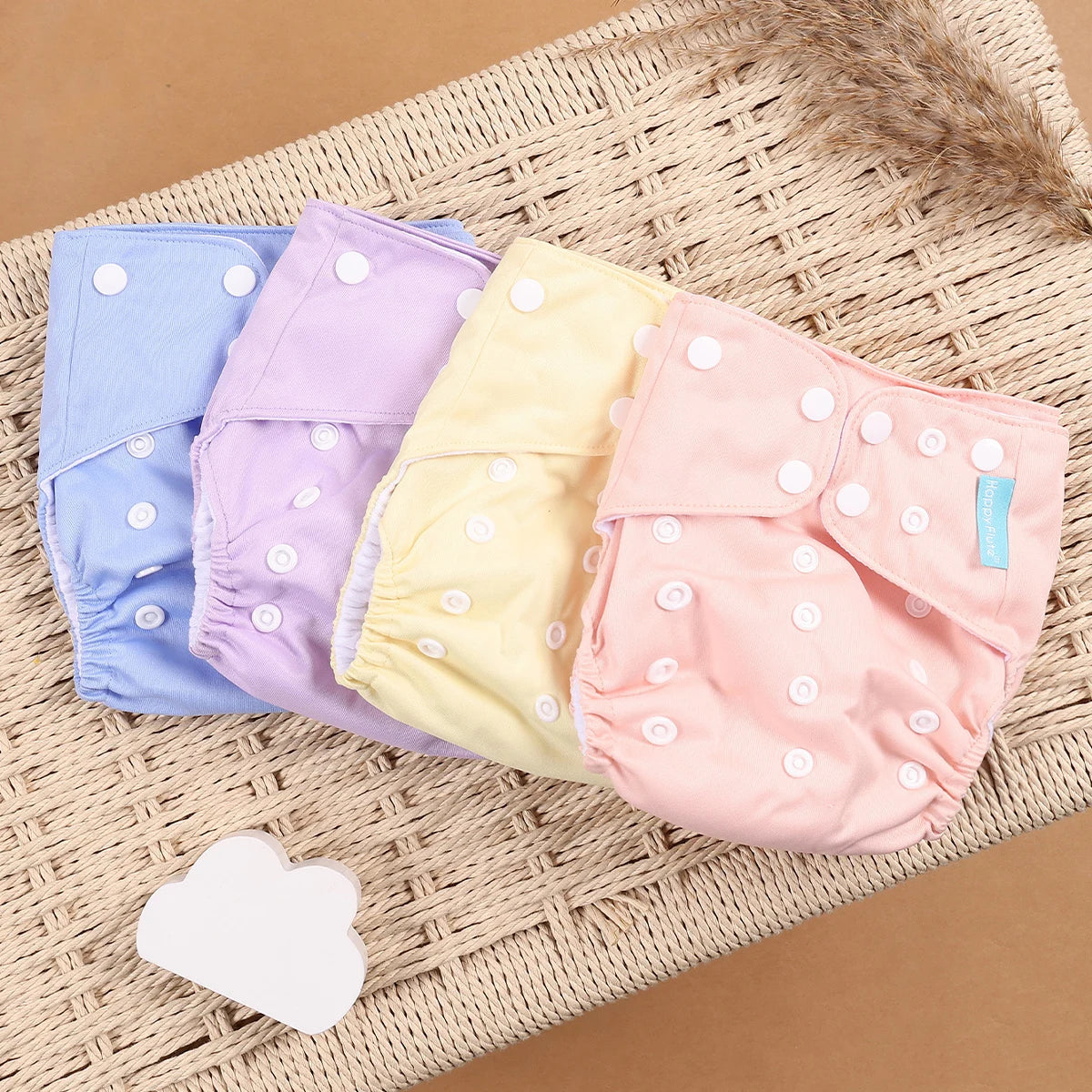 Pocket Cloth Diapers 4-Pack by Happyflute, Reusable Baby Nappies with Printed PUL Outer, Suede Cloth Lining and Snap Closures for 3–15 kg