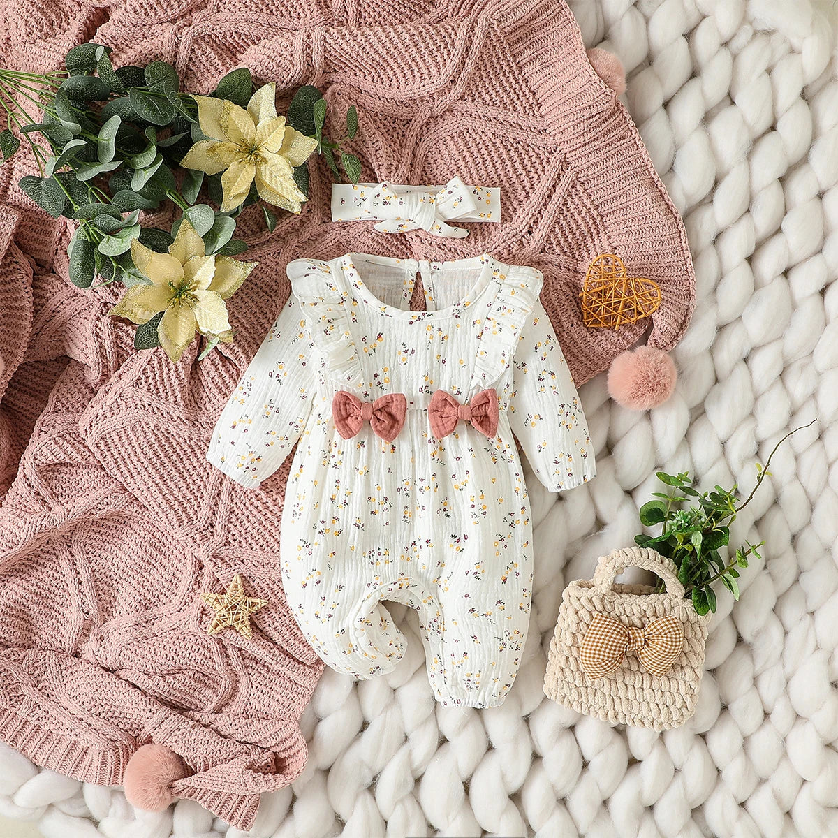 Baby Girl Heart Print Romper with Shoulder Ruffles and Bow Details, Long Sleeve Cotton Jumpsuit with Inner-Leg Snaps, Sizes 0-6 Months