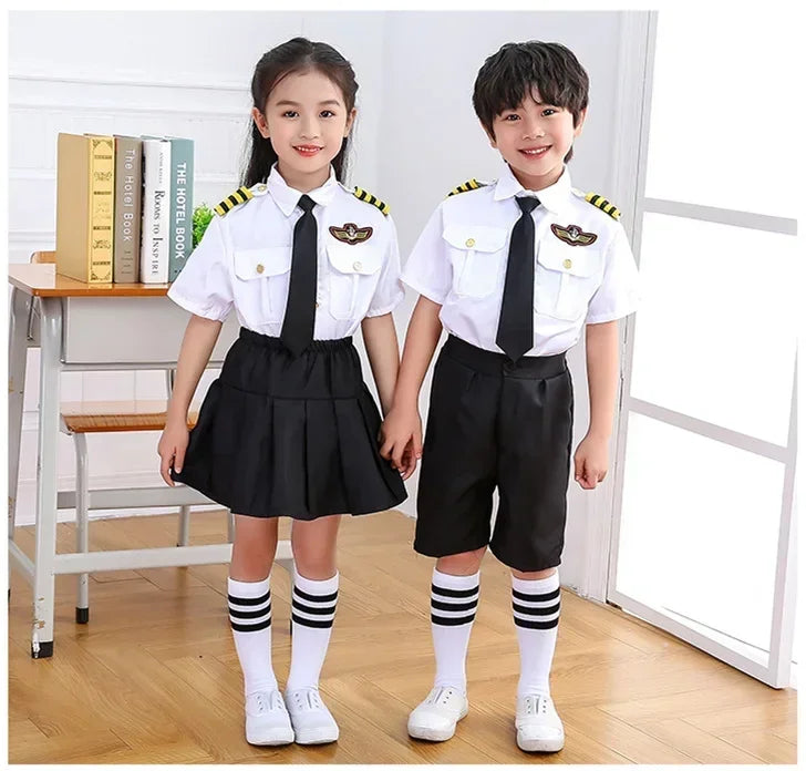 Kids Pilot Costume for Boys and Girls, Airline Captain Uniform-Style Outfit with Short Sleeve Shirt Styling for Career Day and Halloween