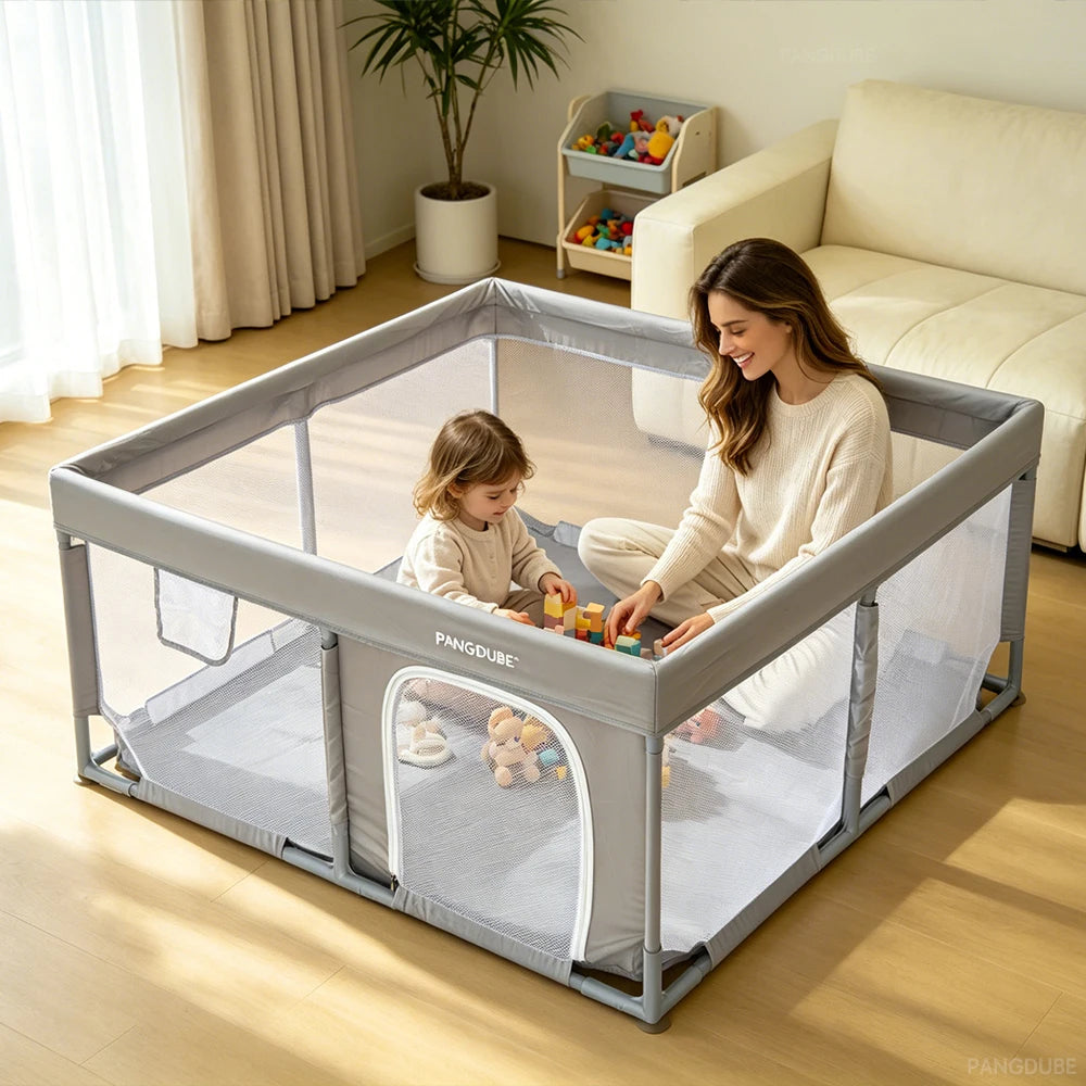 Padded Baby Playpen by PANGDUBE, Gray Mesh Activity Yard with External Zipper Door, Storage Pocket and Five Size Options for Supervised Play