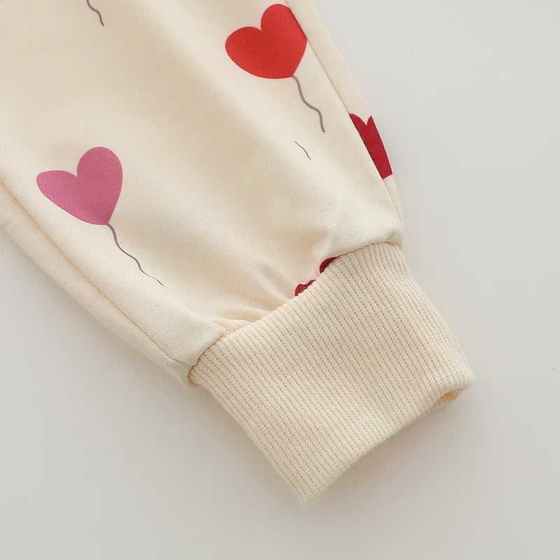 Heart Print Baby Outfit Set with Beige Long Sleeve Crewneck Top and Matching Cuffed Pants, Two-Piece Casual Clothing for Spring and Fall, 3-24M