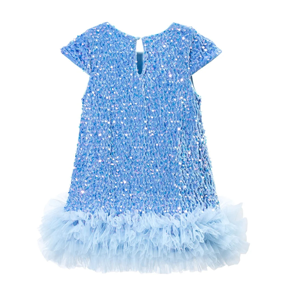 Girls Sequin Party Dress, Short Sleeve Sparkle Dress with Fluffy Mesh Ruffle Hem and Cotton Blend Lining for Birthdays and Holiday Photos, 2T-6T