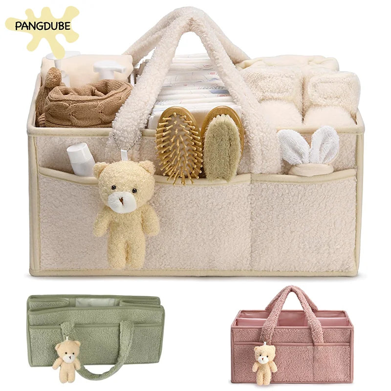 Plush Diaper Caddy with Carry Handles, Divided Compartments and Outer Pockets, Teddy Bear Nursery Organizer for Diapers and Baby Essentials