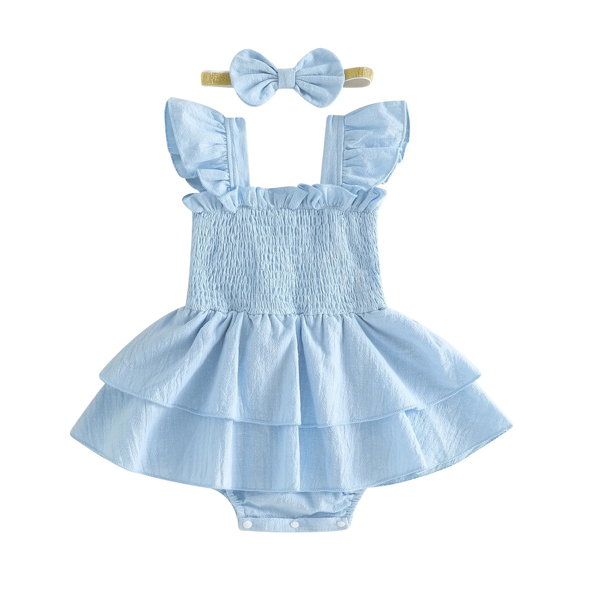 Tiered Baby Girl Romper Dress with Bow Headband, Smocked Cotton Blend Bodice and Flutter Straps, Solid Color Summer Outfit for 0-18 Months