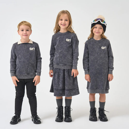 Kids Ski Graphic Cotton Outfits in Ecru, Hunter Green and Acid Wash Grey, Coordinating Sweatshirts, Dresses and Baby Sets for Sibling Matching Looks
