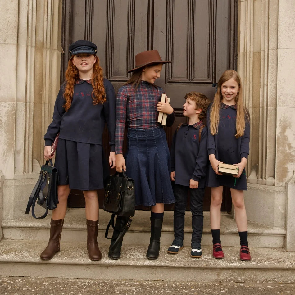 Kids Matching Varsity Outfits, Navy Embroidered Tops, Denim Skirts and Dresses for Babies, Boys and Girls, Sibling Photos and Fall Layering