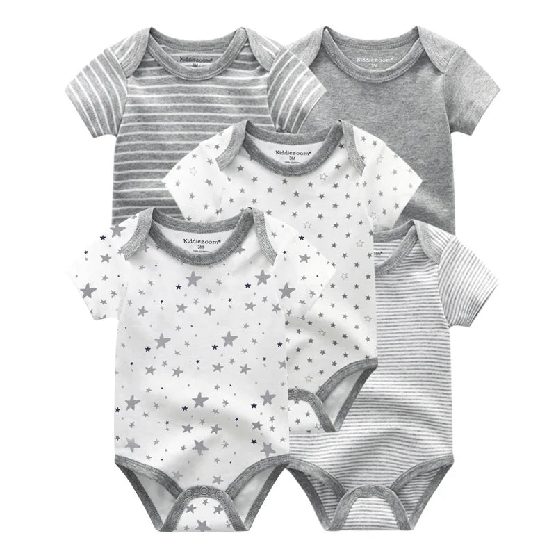 Baby Bodysuit Multipack with Cartoon Prints, Kiddiezoom 5 Short Sleeve One-Piece Outfits with Snap Closures for Boys and Girls, 3M-12M