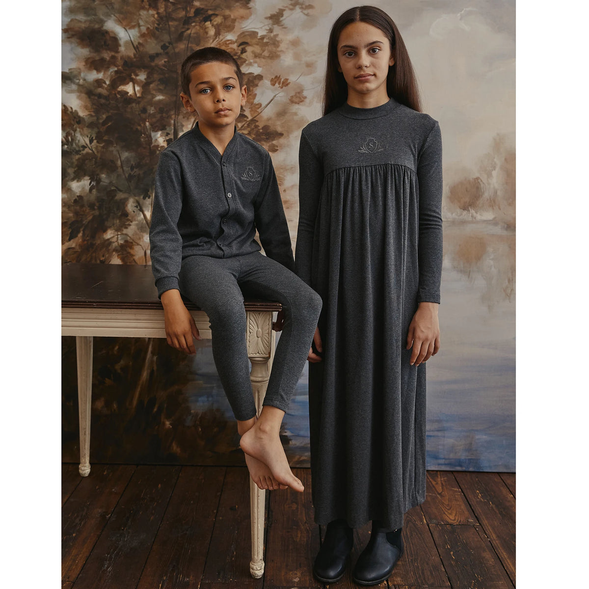 Jersey Sibling Matching Outfits in Gray and Navy, Long Sleeve Girls Maxi Dress and Embroidered Boys Set Options with Cotton Rayon Stretch Blend