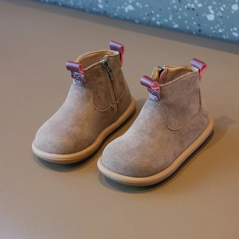 Toddler Suede-Look Ankle Boots with Side Zipper and Colorful Pull Tabs, Green Pink or Yellow Casual Short Boots for Boys and Girls in Sizes 21–30