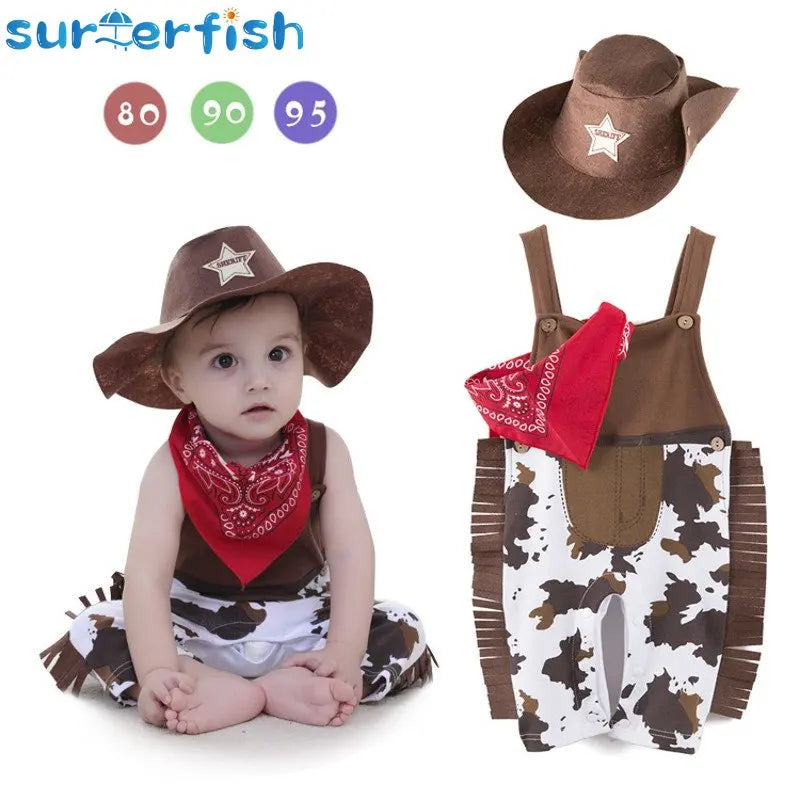 Cow Print Baby Cowboy Costume with Fringe Romper, Sheriff Hat and Red Bandana, Western Birthday Dress-Up Outfit with Sock Options