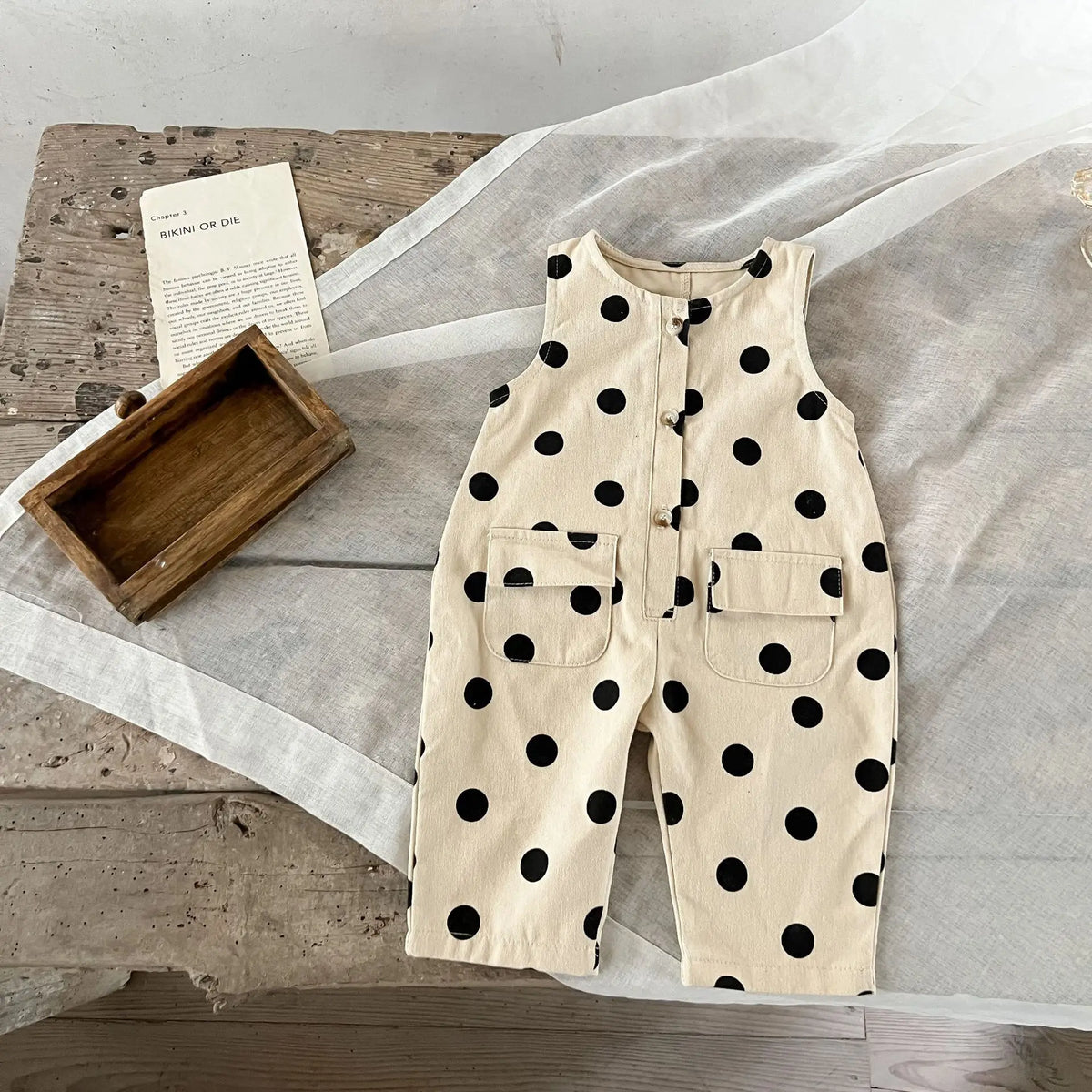 Polka Dot Baby Jumpsuit in Beige with Black Spots, Sleeveless Button-Front One-Piece with Flap Pockets for Infant Girls Everyday Outfits