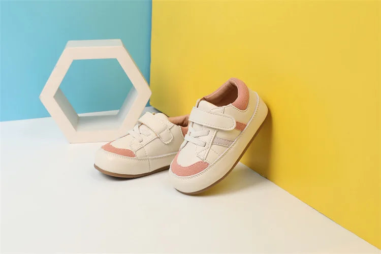 Baby Colorblock Strap Sneakers in Microfiber Leather, DIMI Low-Top Casual Shoes for Boys and Girls in Blue Pink or Brown, Spring and Fall Outfits