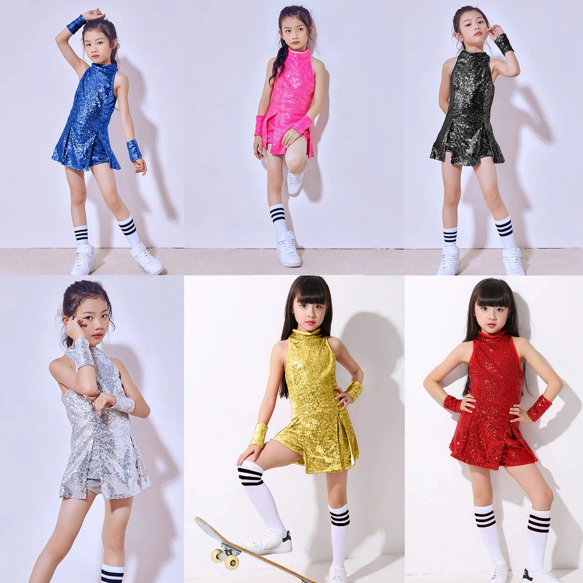Girls Sequin Jazz Dance Costume with Sleeveless A-Line Dress, Shorts, Socks and Wristbands, Sparkly Hip Hop Stage Outfit for Ages 4-12