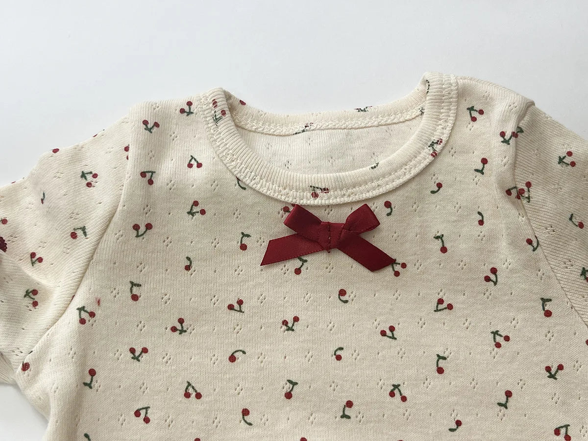 Cherry Print Girls Cotton Pajama Set, Cream Long Sleeve Top and Matching Pants with Red Picot Trim, Two-Piece Toddler Homewear, 1-6T