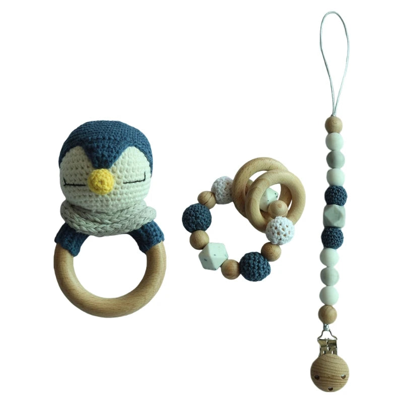 Crochet Animal Rattle Set with Wooden Ring and Coordinating Accessories, Rabbit, Deer and More Designs for Supervised Play and Baby Shower Gifts
