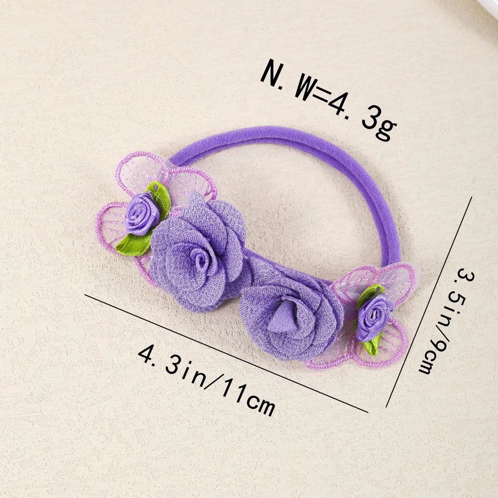 Flower Baby Headbands, 5-Piece Nylon Elastic Band Set with Layered Fabric Roses and Mesh Butterfly Accents for Supervised Outfit Photos