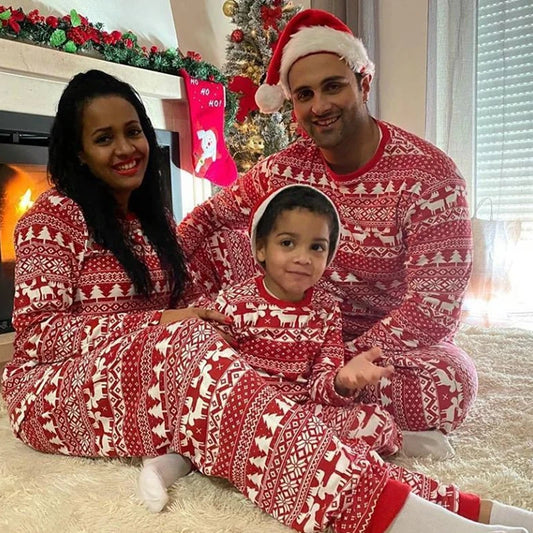 Red Fair Isle Family Pajamas, Matching Long Sleeve Tops and Pants with Reindeer and Tree Prints for Adults and Kids Christmas Photos