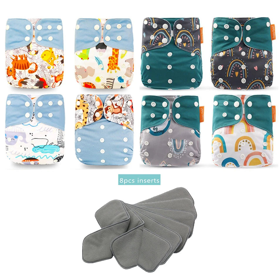Cloth Diaper Starter Set by Happyflute, 8 Adjustable Pocket Baby Diapers with 8 Bamboo Charcoal Inserts, Washable PUL Covers and Snap Closures