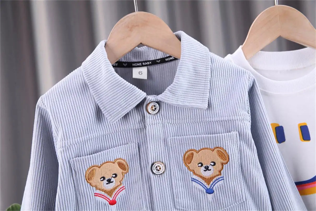 Toddler Bear Pocket Outfit Set, Two-Piece Button-Front Collared Jacket and Matching Pants for Boys and Girls, Blue or Khaki, 12-18M to 5T