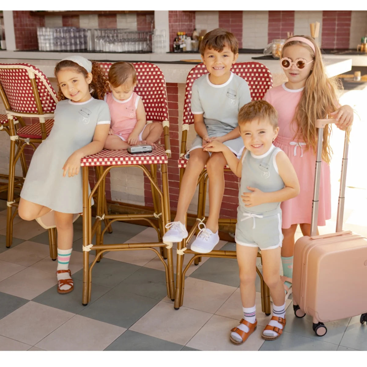 Kids Ringer Matching Outfits in Cotton Jersey with Stamp Graphics, Contrast Trim Dresses, Tees, Shorts and Baby Sets for Summer Photos