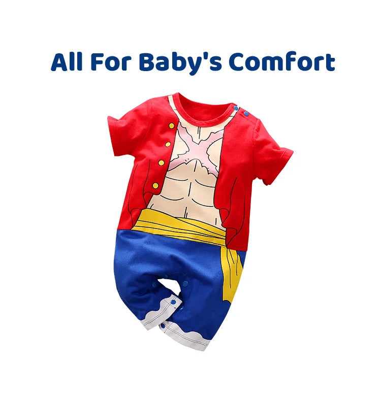 Pirate Costume Baby Romper, Red and Blue Cotton Short Sleeve One-Piece with Printed Vest and Yellow Sash for Anime Photos, 0-18M